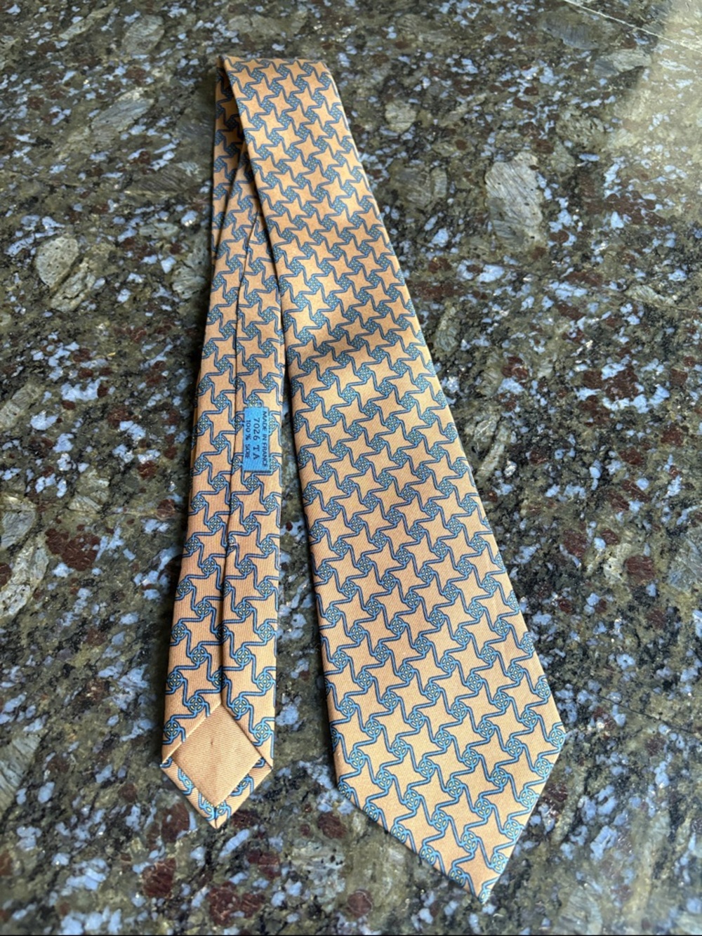 Hermes Gold Silk Tie with Blue Geometric Motif
